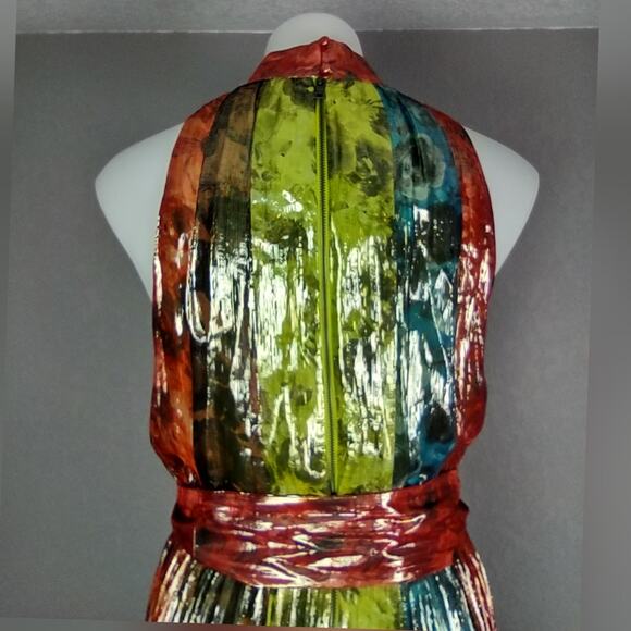 ALICE + OLIVIA Mertie Mock Neck Pleated Silk-Blend Maxi Striped Dress Size 8 - Picture 11 of 16